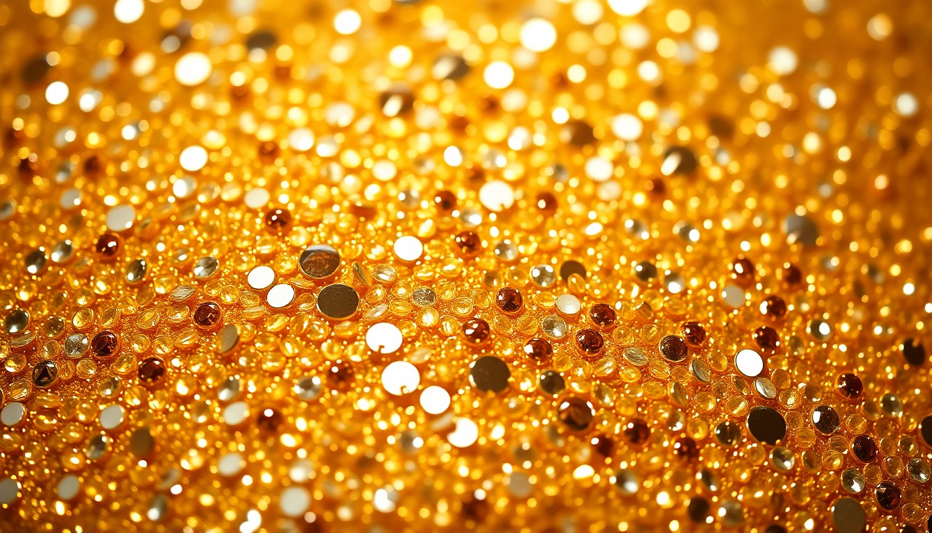 An abstract close-up photograph of sparkling gold sequins and rhinestones, capturing the glamorous textures of showgirl fashion in dramatic studio lighting.