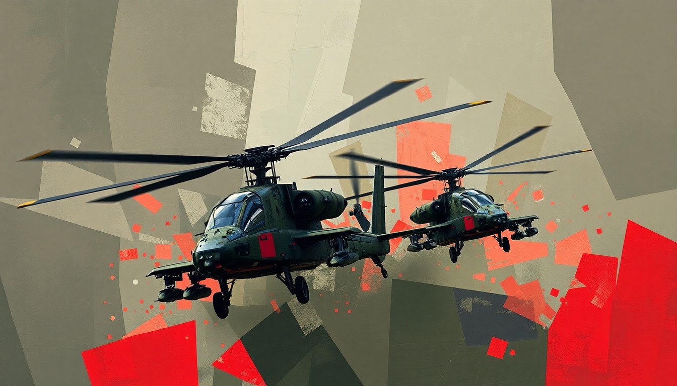 A dynamic, abstract painting of two military helicopters in overlapping, fractured geometric shapes, conveying a sense of motion and power.