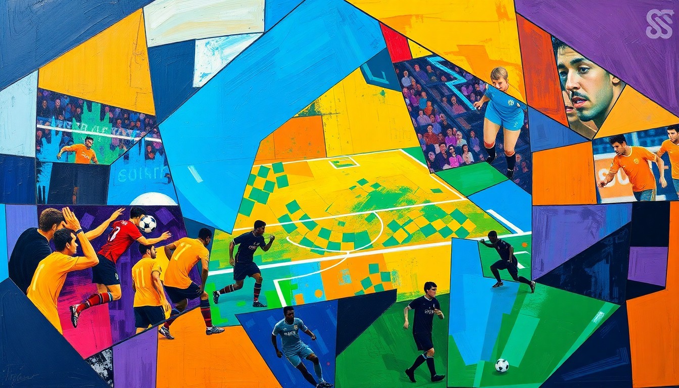 A cubist, geometric painting depicting a fragmented soccer match, with sharp planes of color representing the dynamic action on the field.