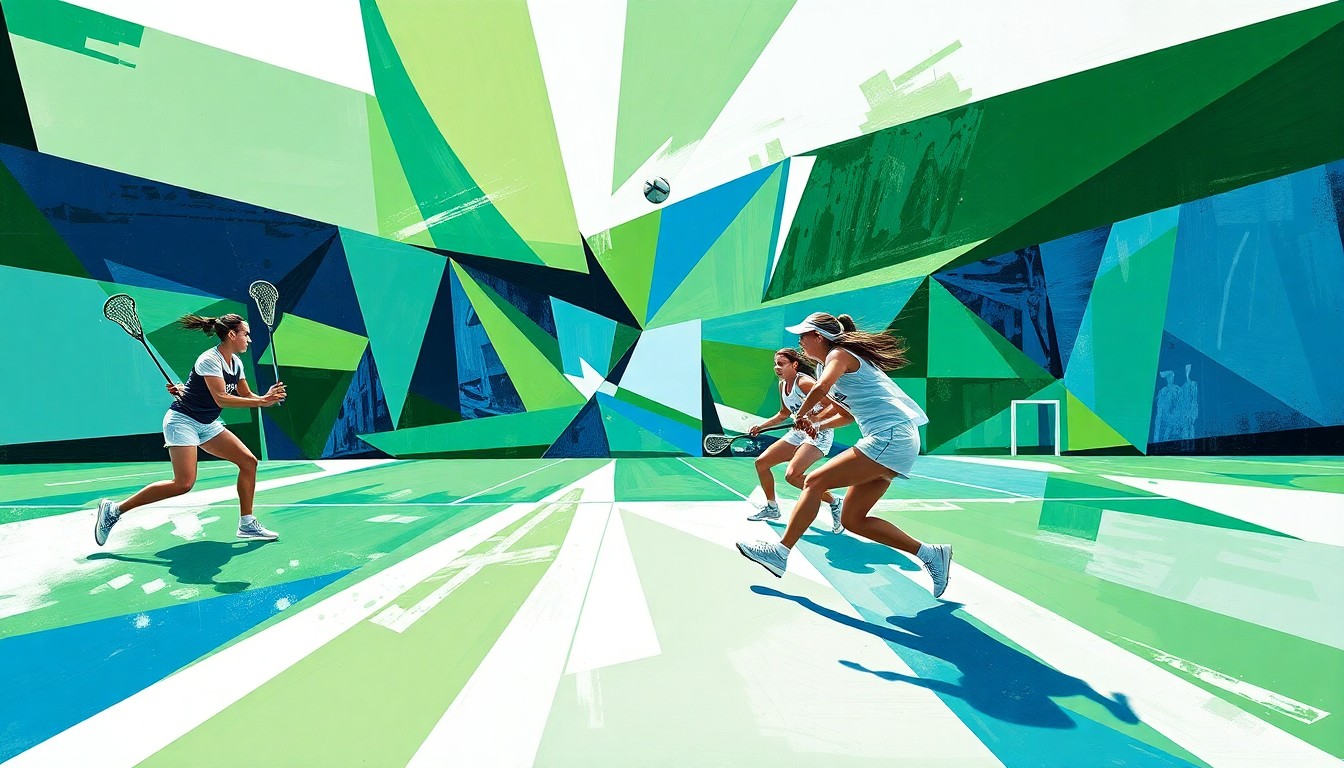 A cubist-style painting featuring overlapping geometric shapes and planes in shades of green, blue, and white, representing the dynamic action and movement of a women's lacrosse game.
