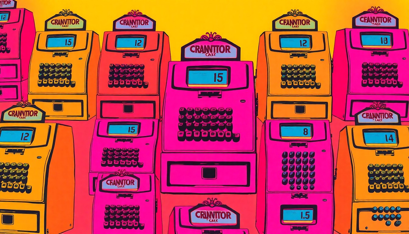 A brightly colored, high-contrast silkscreen print of a vintage cash register repeated in a tight grid pattern, conceptually representing the collaborative effort of multiple thrift stores to drive community engagement and support for local businesses.
