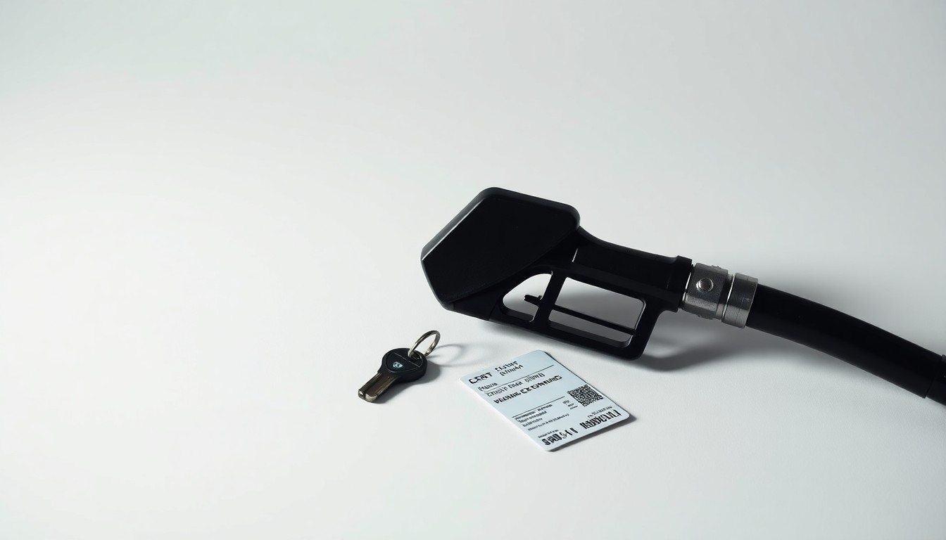 A high-end, photorealistic studio still-life photograph featuring a gas pump nozzle, a car key, and a crumpled rideshare driver's ID badge arranged elegantly on a clean, monochromatic background, conceptually representing the financial pressures facing gig economy workers due to surging fuel prices.