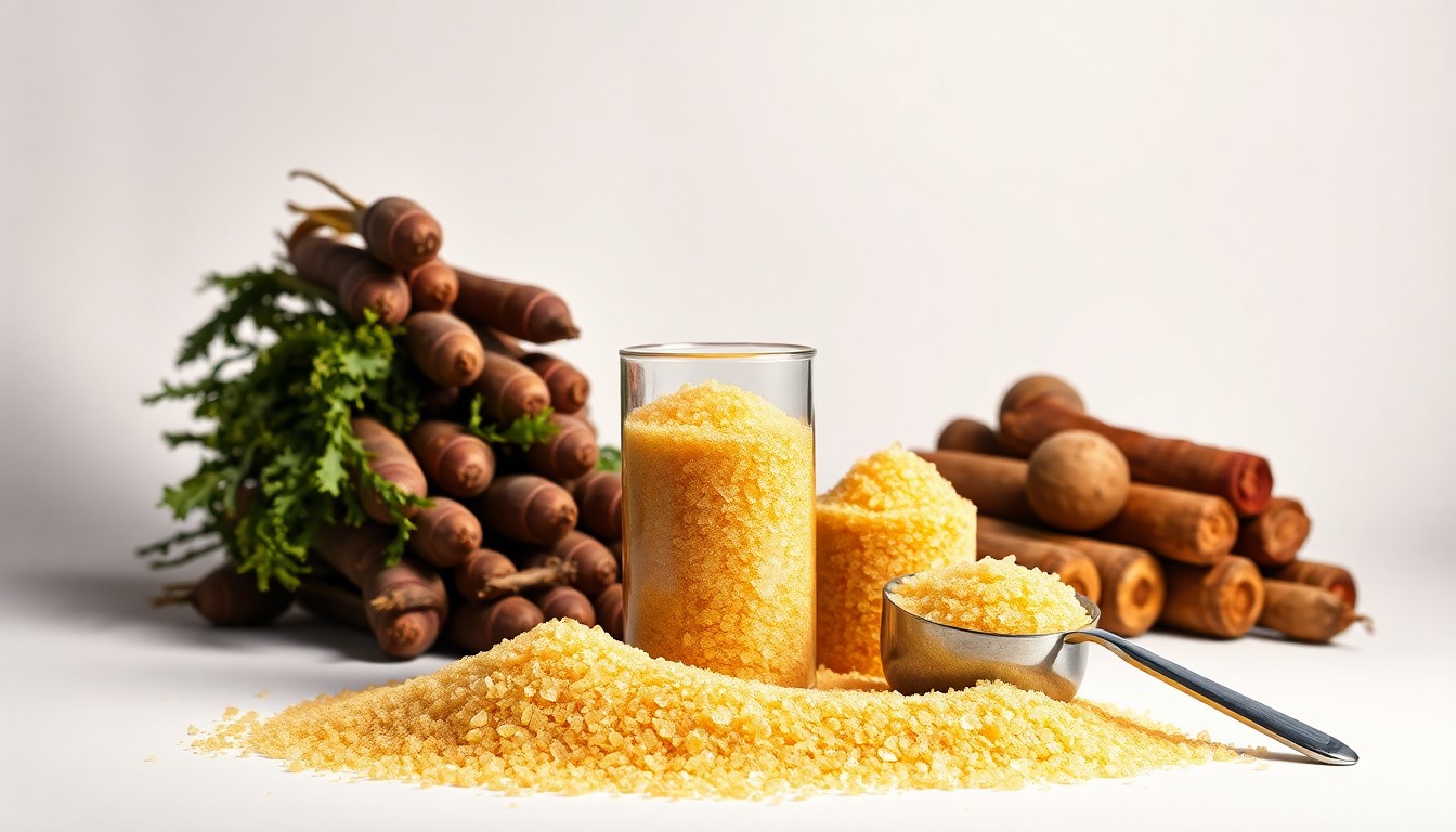 A minimalist studio still life photograph featuring a stack of freshly harvested sugar beets, a glass beaker filled with golden-brown sugar crystals, and a metal scoop, all arranged elegantly against a clean, monochromatic background to symbolize the premium nature of the cooperative's refined sugar products.