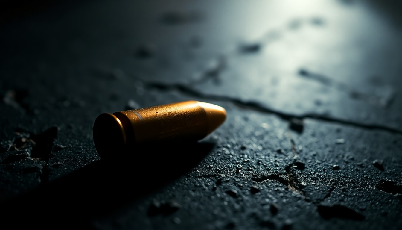 An extreme close-up photograph of a spent bullet casing on a dark concrete surface, capturing the stark, gritty details of the object under harsh, direct lighting to convey the serious, investigative nature of the crime scene.