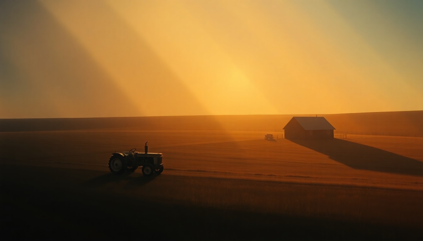 A serene, cinematic painting of a lone tractor or farmhouse in a rural Iowa landscape, with warm sunlight casting deep shadows across the scene, conveying a sense of quiet contemplation about the future of agriculture in the state.