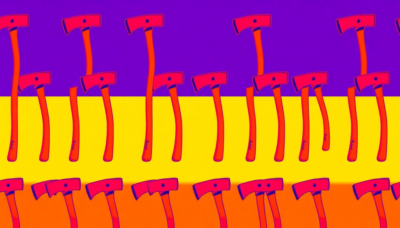 A bold, colorful silkscreen-style illustration featuring a fire axe repeated in a grid pattern, conveying the concept of fire prevention and emergency response services.