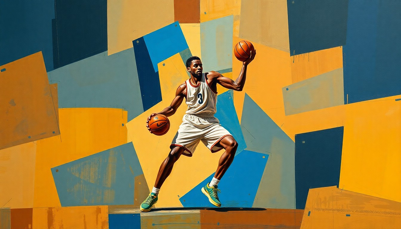A cubist, geometric painting depicting a basketball player in a defensive stance, their movements fractured into sharp, overlapping planes of warm earth tones and deep blues.