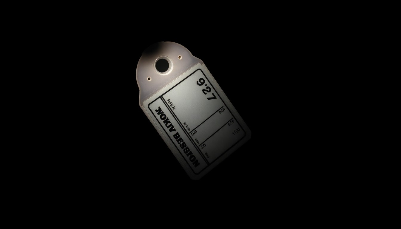 An extreme close-up photograph of a security tag or anti-theft device, its metallic surface reflecting the harsh flash of the camera against a pitch-black background, creating a stark, gritty visual that conceptually illustrates the crime of retail theft.