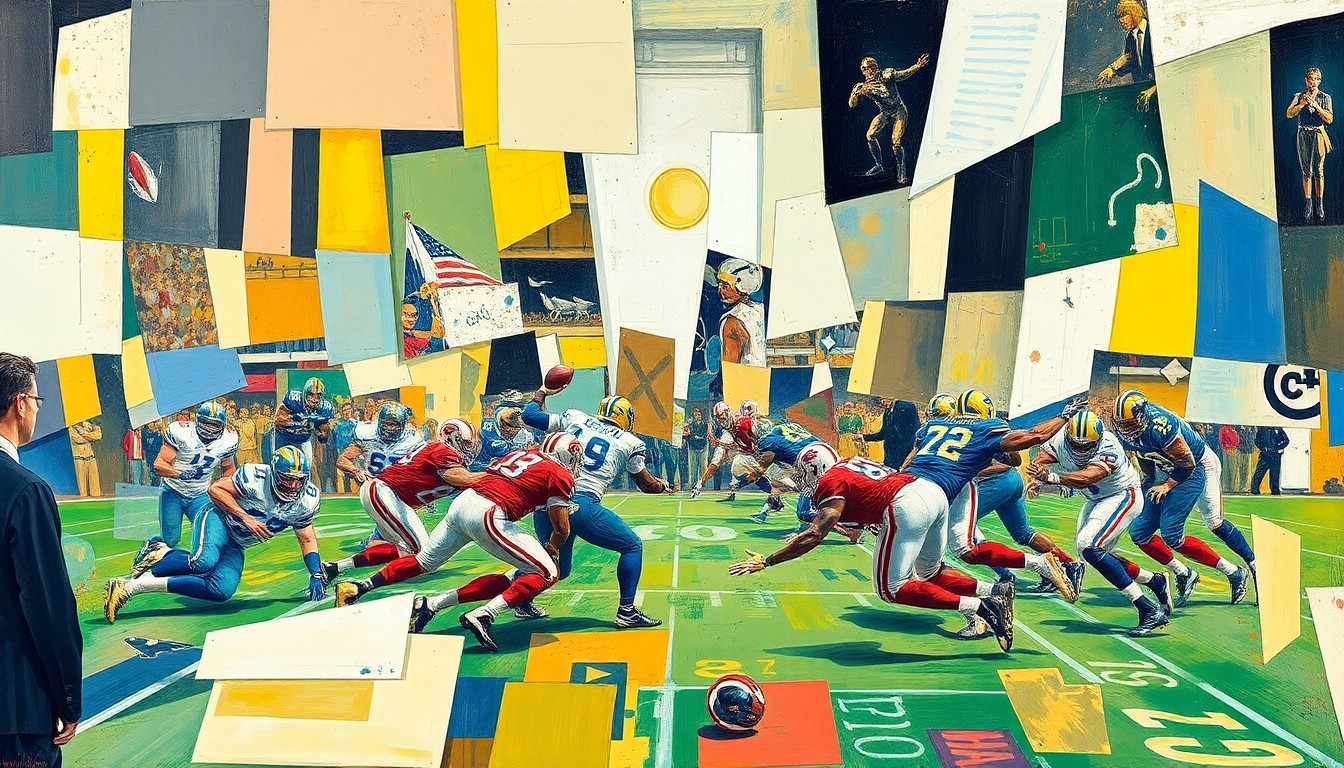 A fragmented, geometric painting depicting an American football offensive line in action, with players and the ball broken down into sharp, overlapping shapes and planes of color.