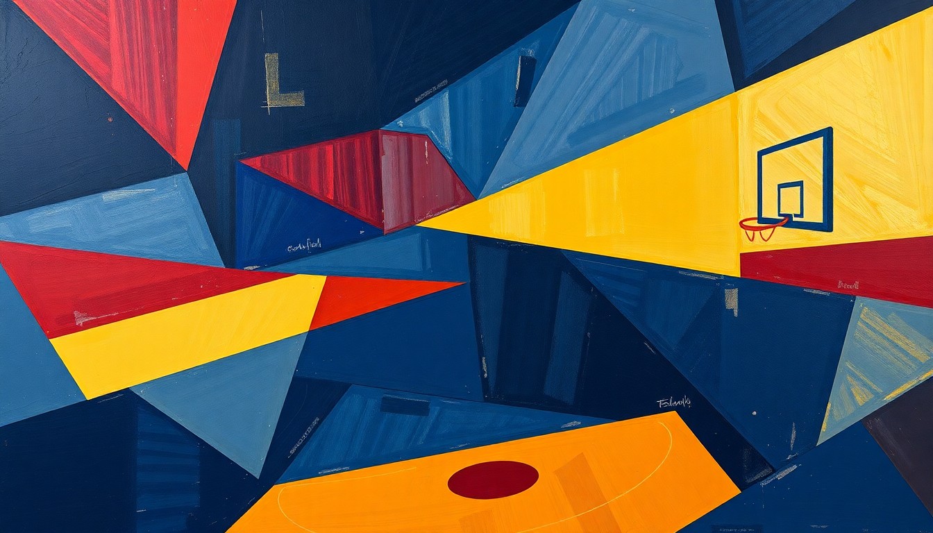 A cubist, geometric painting depicting the fragmented elements of a women's basketball game, with sharp planes of navy, crimson, and gold representing the upheaval facing Indiana's program.