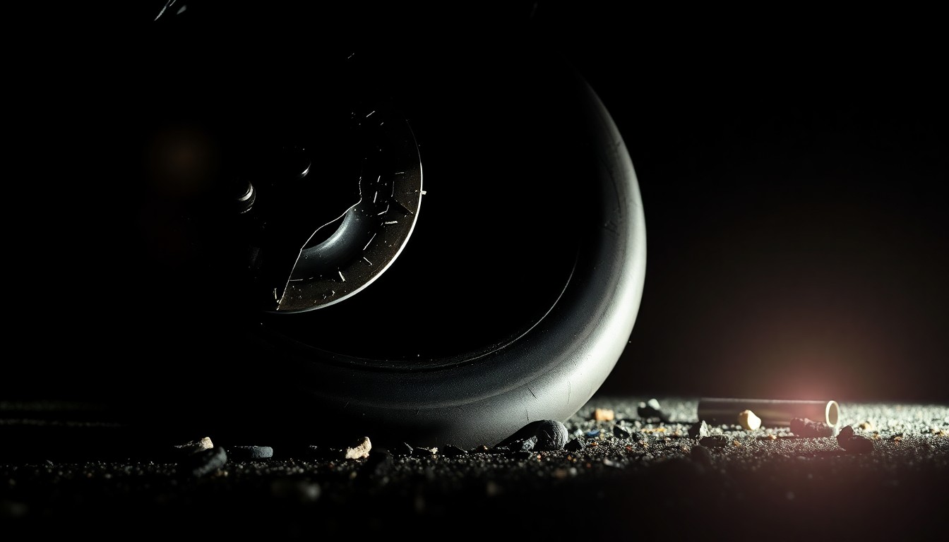 An extreme close-up photograph of a damaged motorcycle part or piece of debris from the crash site, lit by a harsh, direct camera flash against a pitch-black background, creating a stark, gritty, investigative aesthetic.