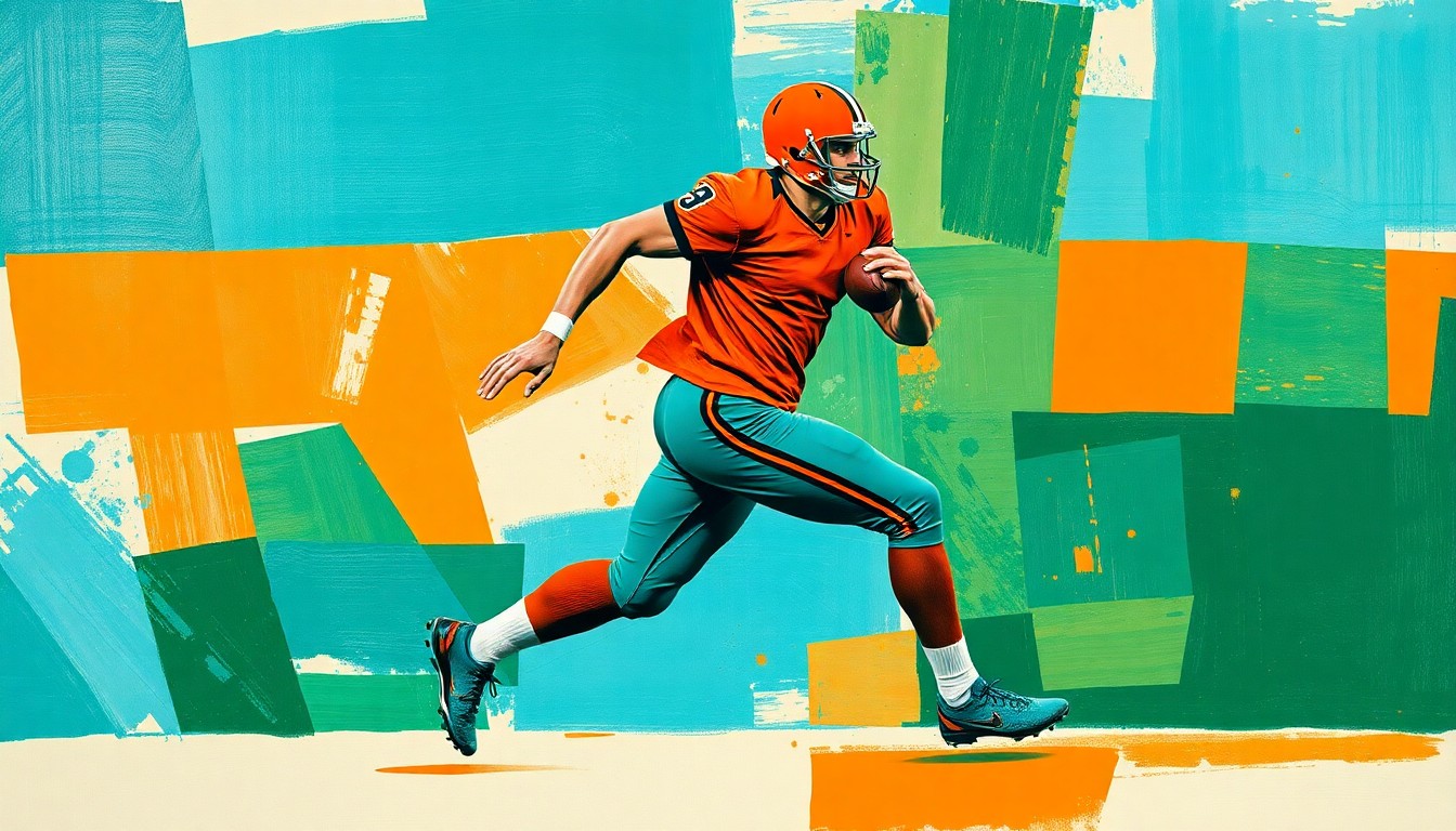 A cubist, geometric painting depicting a football player in motion, broken down into overlapping planes of aqua, orange, and green, conveying the conceptual complexity of roster decisions in professional sports.
