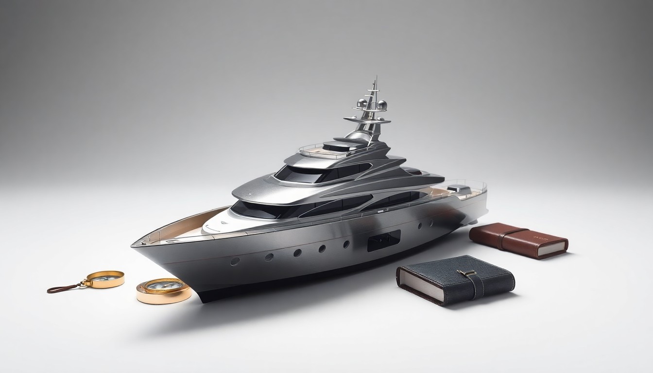 A high-end, photorealistic studio still-life photograph featuring a polished, geometric yacht hull model made of brushed metal, resting on a clean white seamless background with a few small premium nautical accessories, using dramatic lighting to emphasize the sleek, premium materials.
