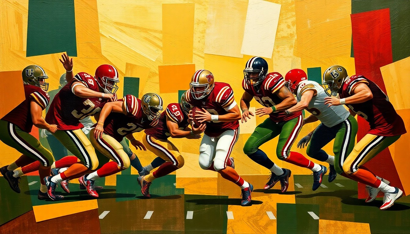 A fragmented, cubist-style painting depicting the chaotic motion and energy of a college football running play, with sharp geometric shapes in maroon, gold, and green representing the players and field.