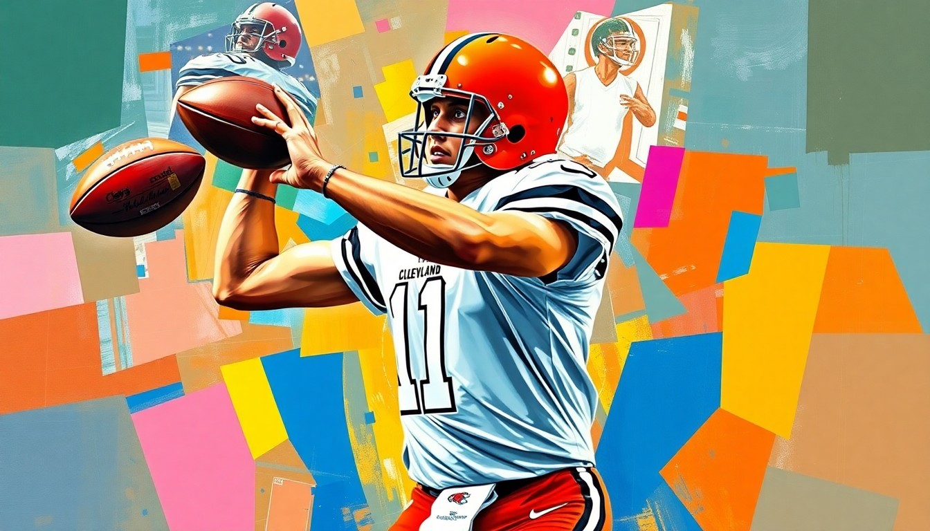 A fragmented, geometric painting depicting a football player in mid-throw, with the Browns' team colors of orange, brown, and white creating a dynamic, abstract composition that captures the conceptual themes of change, transition, and fan loyalty.