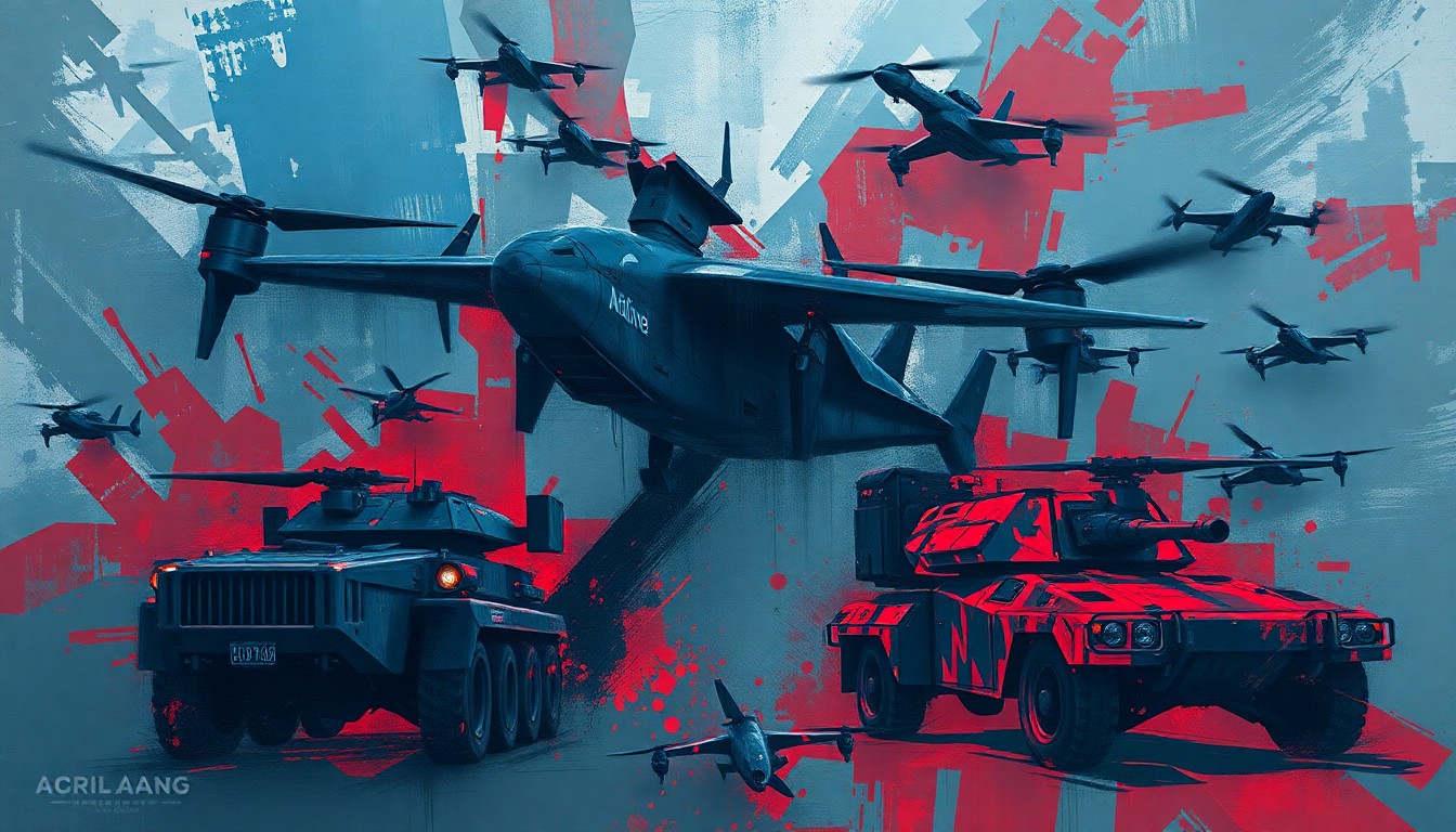A dynamic, abstract painting depicting the overlapping, fractured silhouettes of military drones and armored vehicles in shades of steel blue, gunmetal gray, and deep crimson, conceptually representing the covert, high-tech military operation hidden beneath the surface.