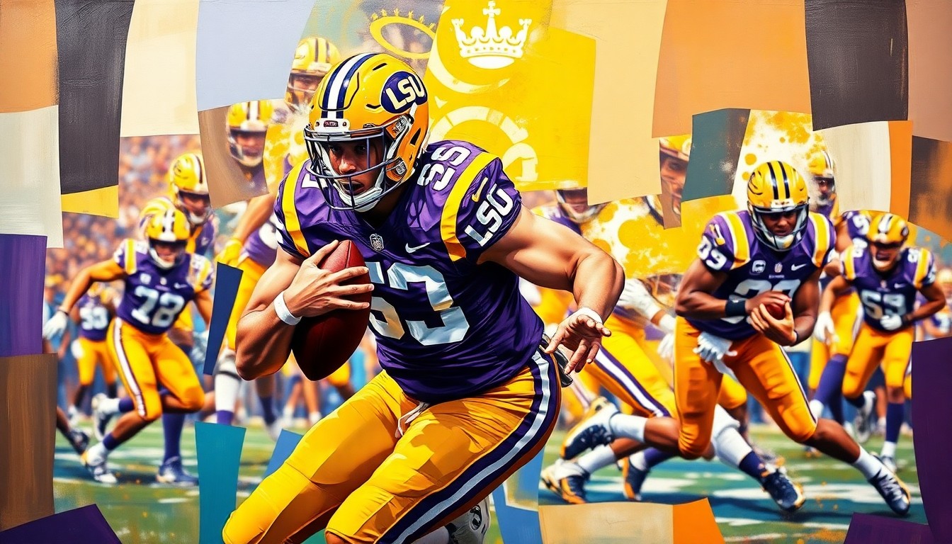 A cubist-style painting depicting a football defensive back in motion, with their body and uniform broken down into sharp, overlapping geometric shapes and planes in LSU's signature purple and gold colors.