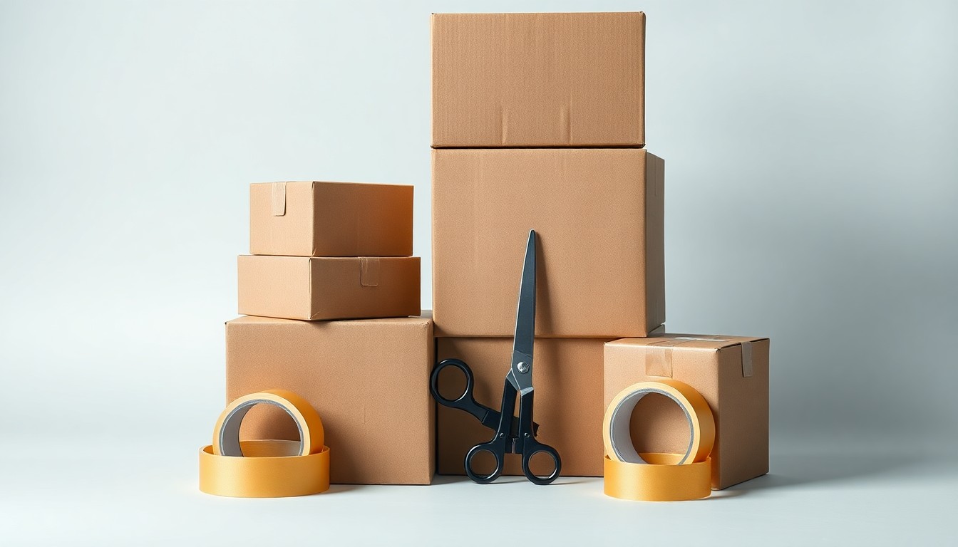 A photorealistic studio still life featuring a stack of corrugated cardboard boxes, a roll of packing tape, and a pair of industrial-grade scissors arranged elegantly on a clean, monochromatic background, conceptually representing the abstract concepts of corporate strategy, finance, and risk in the packaging industry.
