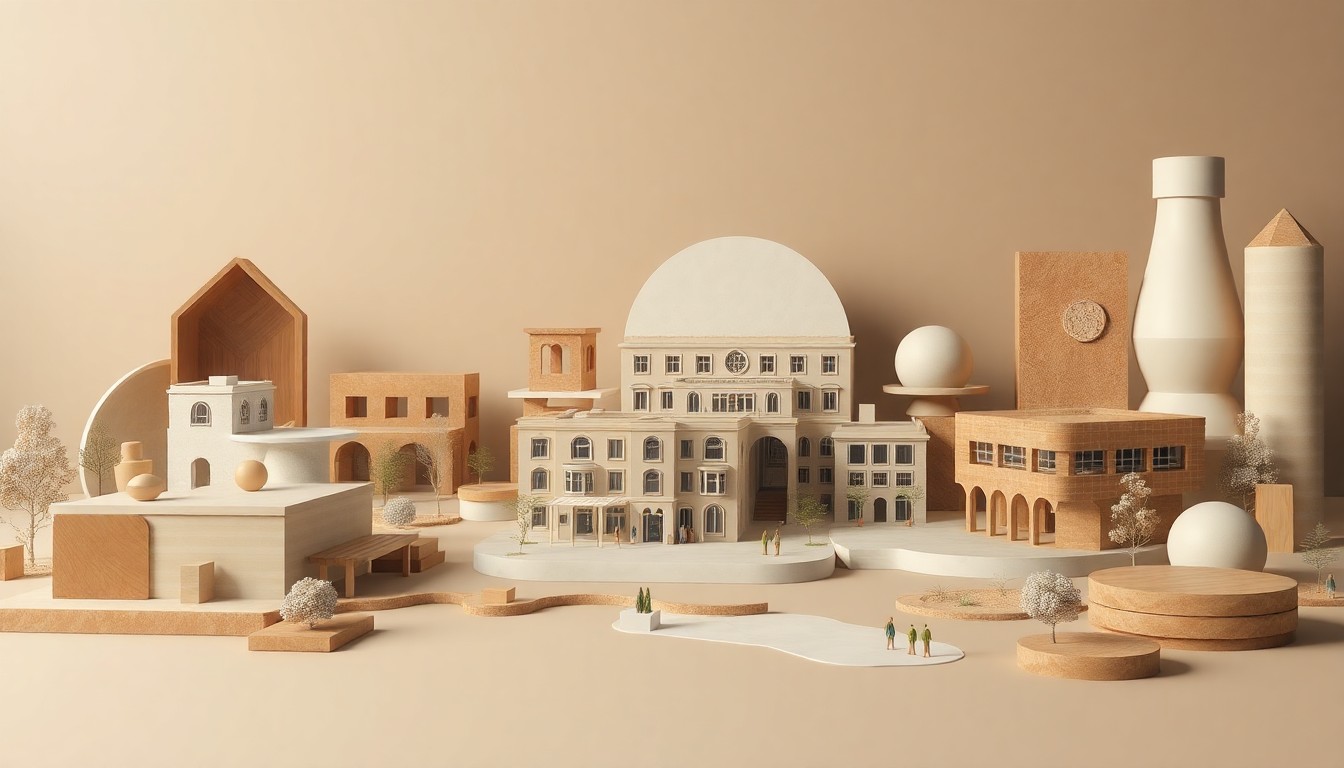 A high-end, photorealistic studio still-life featuring a collection of architectural models, building materials, and geometric shapes in muted earth tones, conceptually representing the planning and development of a new mixed-use community.