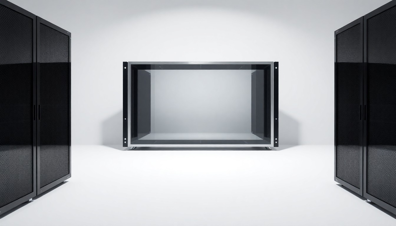 A photorealistic studio still-life photograph of a sleek, modern server rack made of polished aluminum and black tempered glass, floating on a clean white seamless background and using dramatic lighting and shadows to symbolize the abstract concepts of data infrastructure and the withdrawal of a major technology project.