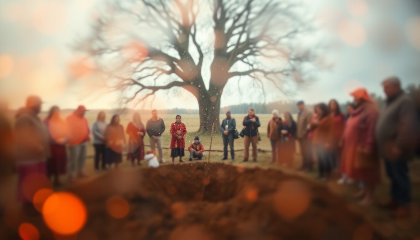 An abstract, impressionistic scene of blurred, warm-toned shapes and colors representing a group of people gathered around a freshly dug hole, conceptually illustrating the ceremonial burial of a time capsule by the Osage Nation.