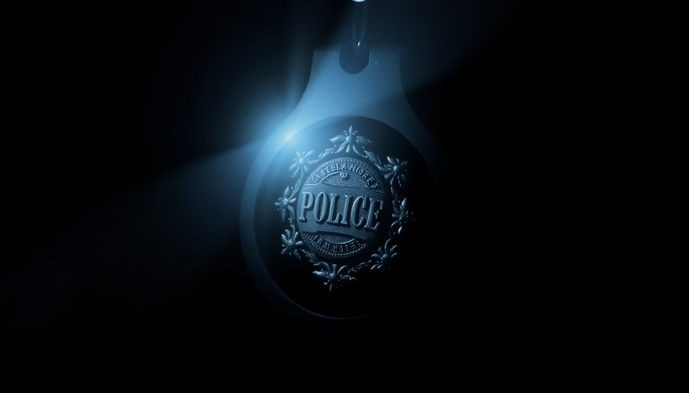 An extreme close-up photograph of a police badge or handcuffs lit by a harsh, direct camera flash against a pitch-black background, creating a stark, gritty, investigative aesthetic.