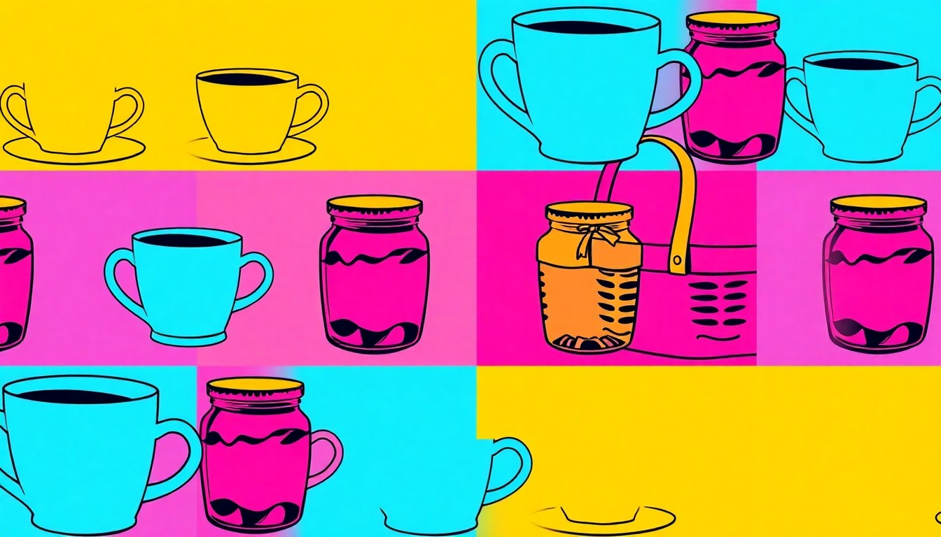 A brightly colored, high-contrast silkscreen print of an assortment of everyday household items and pantry goods, repeated in a tight grid pattern, conceptually representing the diverse and eclectic product selection at Bodega Flower Girl.