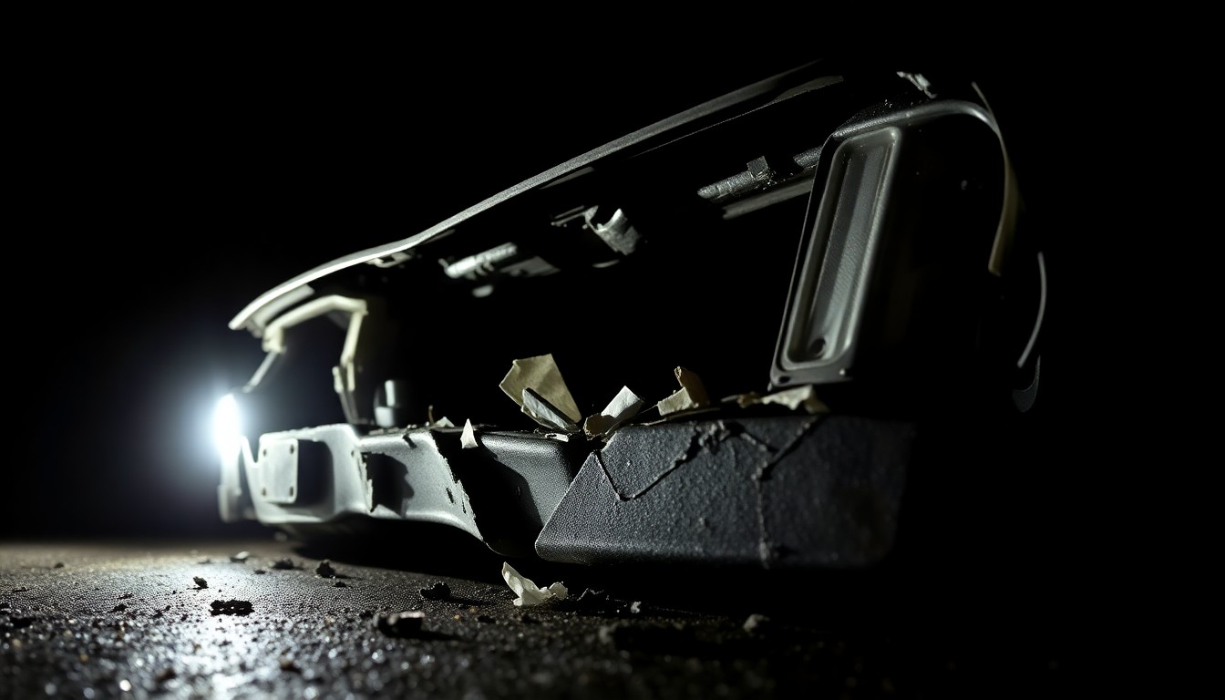 An extreme close-up photograph of a damaged car part or piece of debris from the synagogue attack, lit by a harsh, direct camera flash against a pitch-black background, conveying a stark, gritty, investigative aesthetic.