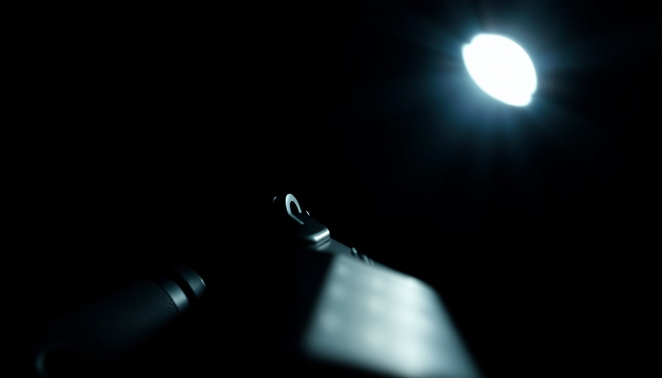 An extreme close-up photograph of a gun lock against a pitch-black background, lit by a harsh, direct camera flash, conceptually illustrating the importance of secure firearm storage.