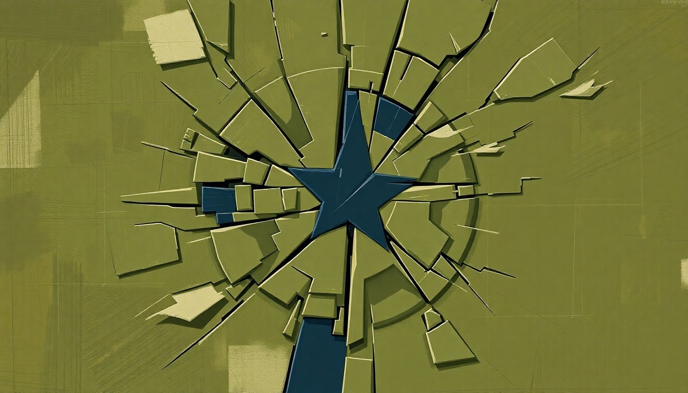 A fragmented, abstract painting of military insignia in olive, navy, and khaki colors, conveying a sense of disruption and tension.