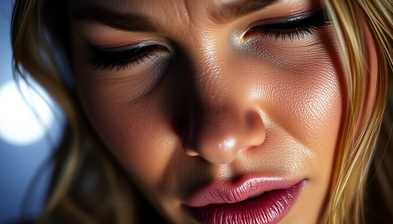 An extreme close-up photograph of LeAnn Rimes' face, capturing the intense emotion and vulnerability as she breaks down in tears during a deep jaw release treatment. The image uses dramatic, high-contrast studio lighting to create a glitzy, high-fashion aesthetic, focusing on the texture and details of Rimes' skin and facial features.
