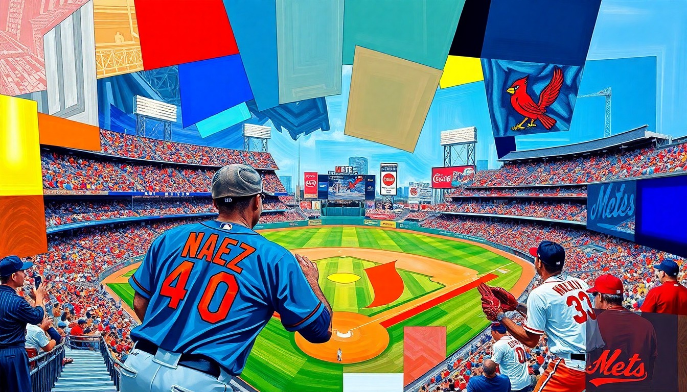 A cubist, geometric painting depicting a baseball game between the New York Mets and St. Louis Cardinals, with the players and stadium environment fragmented into sharp, overlapping planes of color.