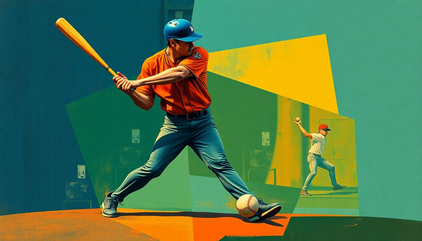 A fragmented, geometric painting depicting a baseball player in motion, their form broken down into sharp, overlapping planes of navy, green, and orange, conveying the dynamic energy of the sport.