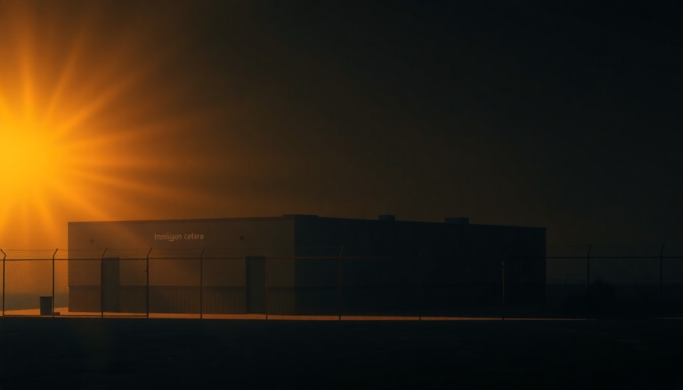 A moody, cinematic painting of a solitary immigration detention center building in warm, golden light and deep shadows, evoking a sense of isolation and melancholy.