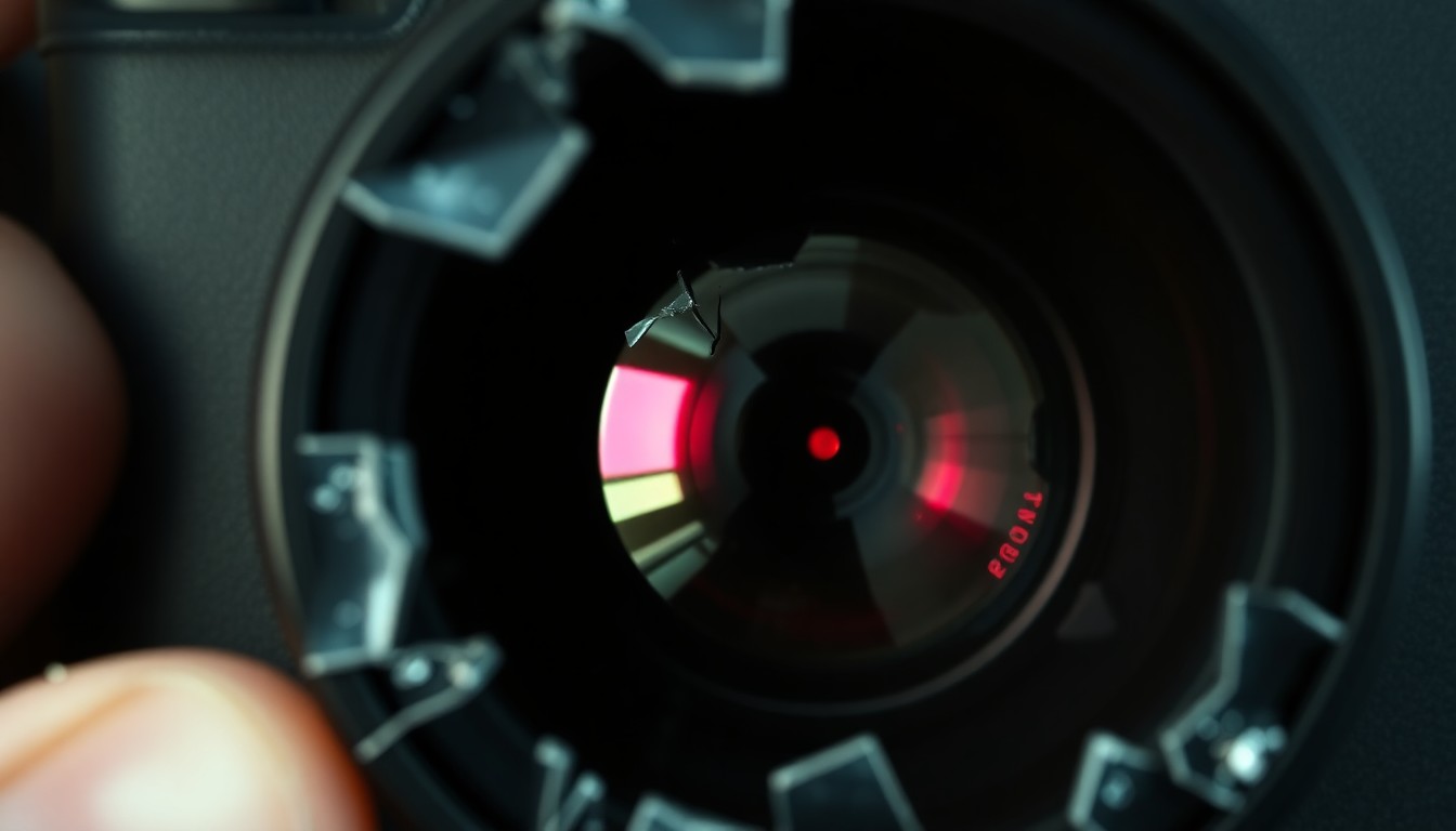 An extreme close-up photograph of a shattered camera lens, the glass reflecting a faint red light, conceptually illustrating the disturbing nature of voyeurism and the production of child pornography.