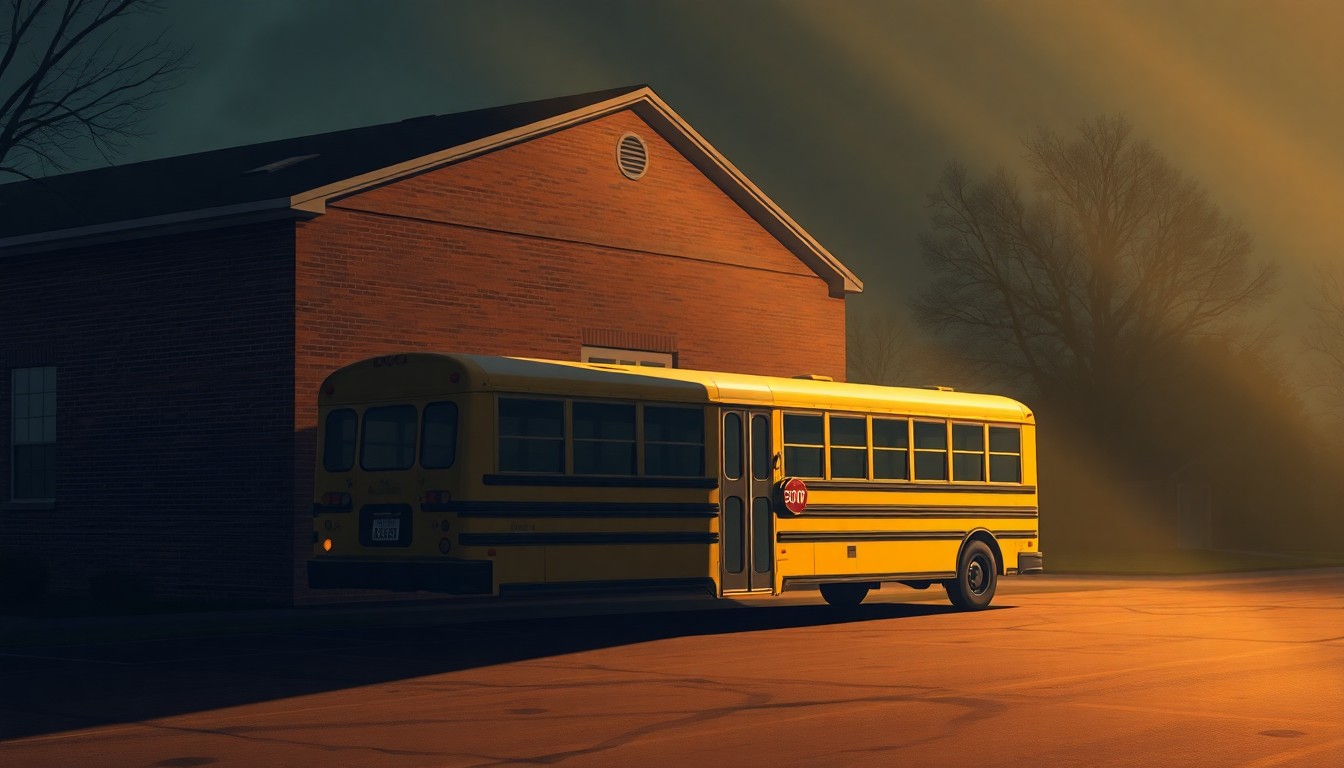 A serene, nostalgic painting of a school bus parked outside a brick schoolhouse, the scene bathed in warm light and deep shadows, conveying a sense of stability and community for local public education.