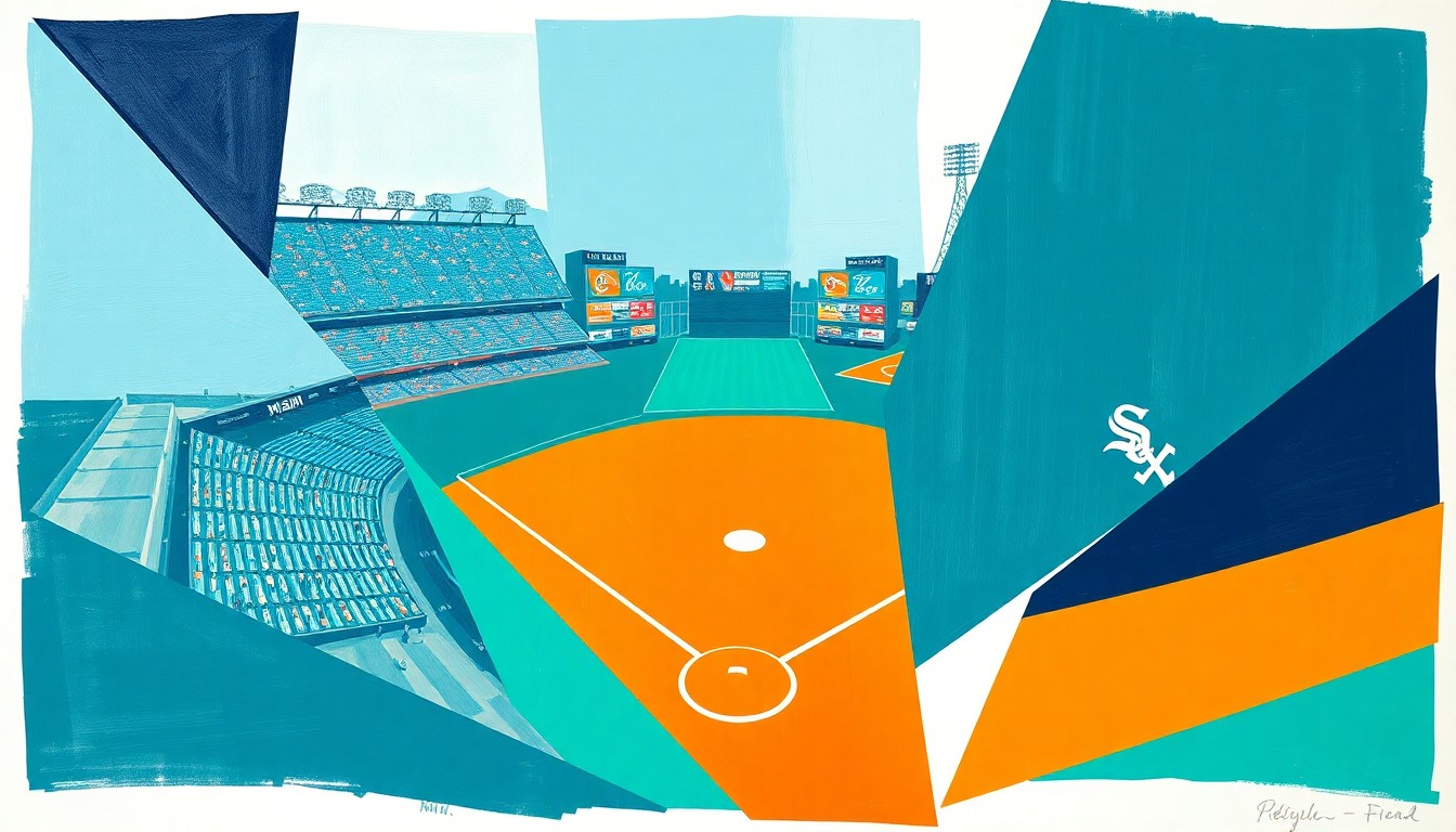 A fragmented, geometric painting depicting a baseball game in progress, with players and field elements broken down into overlapping planes of teal, orange, and navy blue.