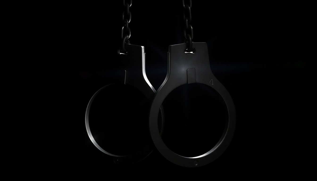 An extreme close-up photograph of a pair of handcuffs against a pitch-black background, conveying a stark, investigative aesthetic through the use of dramatic lighting and shallow depth of field.