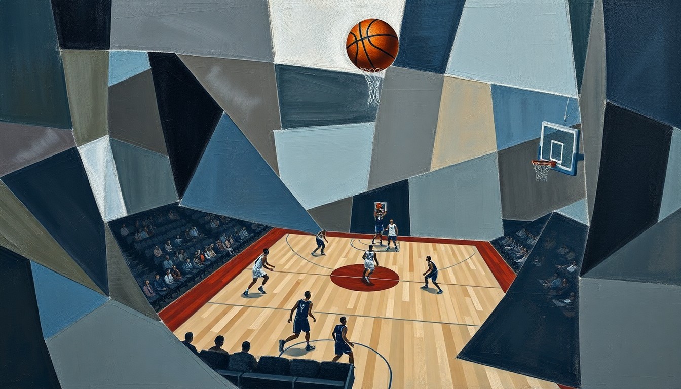 A cubist, geometric painting depicting a fragmented basketball game, with sharp planes of muted colors representing the complex issues surrounding the player's controversial remarks.