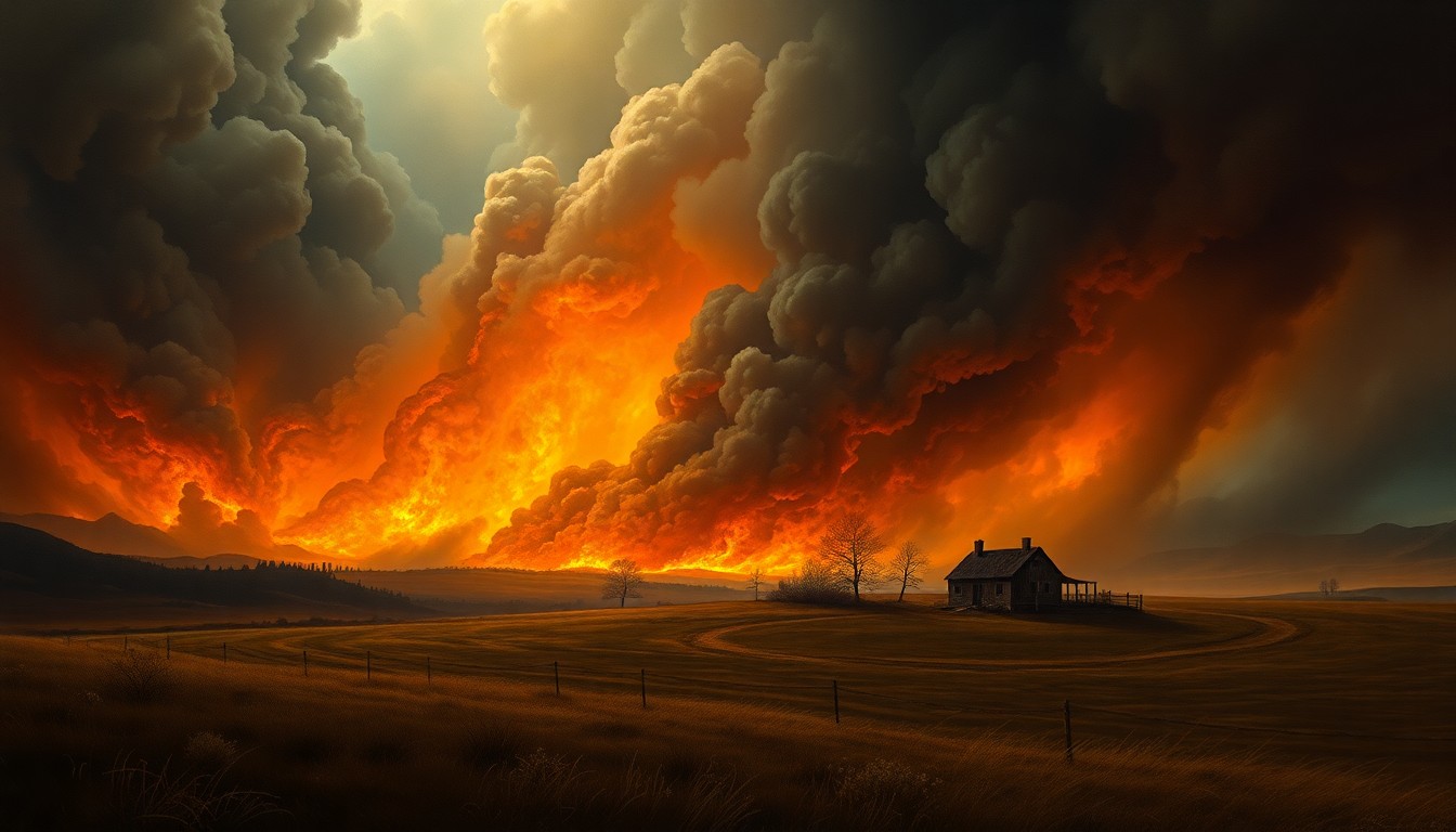 A vast, atmospheric landscape painting depicting a remote farm engulfed in a raging wildfire, with billowing smoke and dramatic lighting conveying the overwhelming scale and power of the natural disaster.