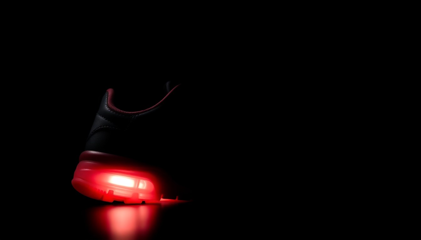 An extreme close-up photograph of a child's shoe with a distinctive red sole, lit by a harsh camera flash against a pitch-black background, conceptually illustrating the urgency of a missing child case.