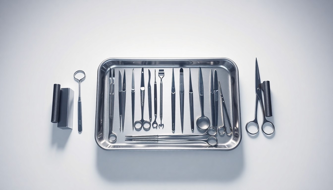 A high-end, photorealistic studio still-life photograph featuring a polished stainless steel medical tray with various surgical instruments and tools arranged in a clean, minimalist composition on a solid white background, conceptually representing the precision and expertise of the Texas Health Resources leadership team.