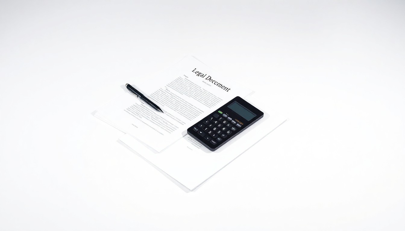 A photorealistic studio still-life photograph featuring a stack of legal documents, a pen, and a calculator arranged elegantly on a clean, monochromatic background, conceptually representing the abstract concepts of corporate strategy, finance, and legal risk.