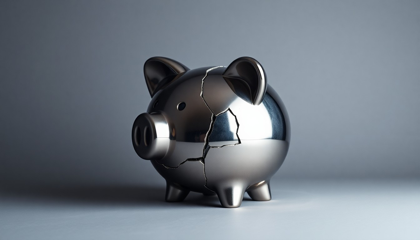 A close-up photograph of a cracked and damaged metal piggy bank resting on a clean, monochromatic background, conceptually representing the financial risks and legal consequences facing a pharmaceutical company accused of securities fraud.