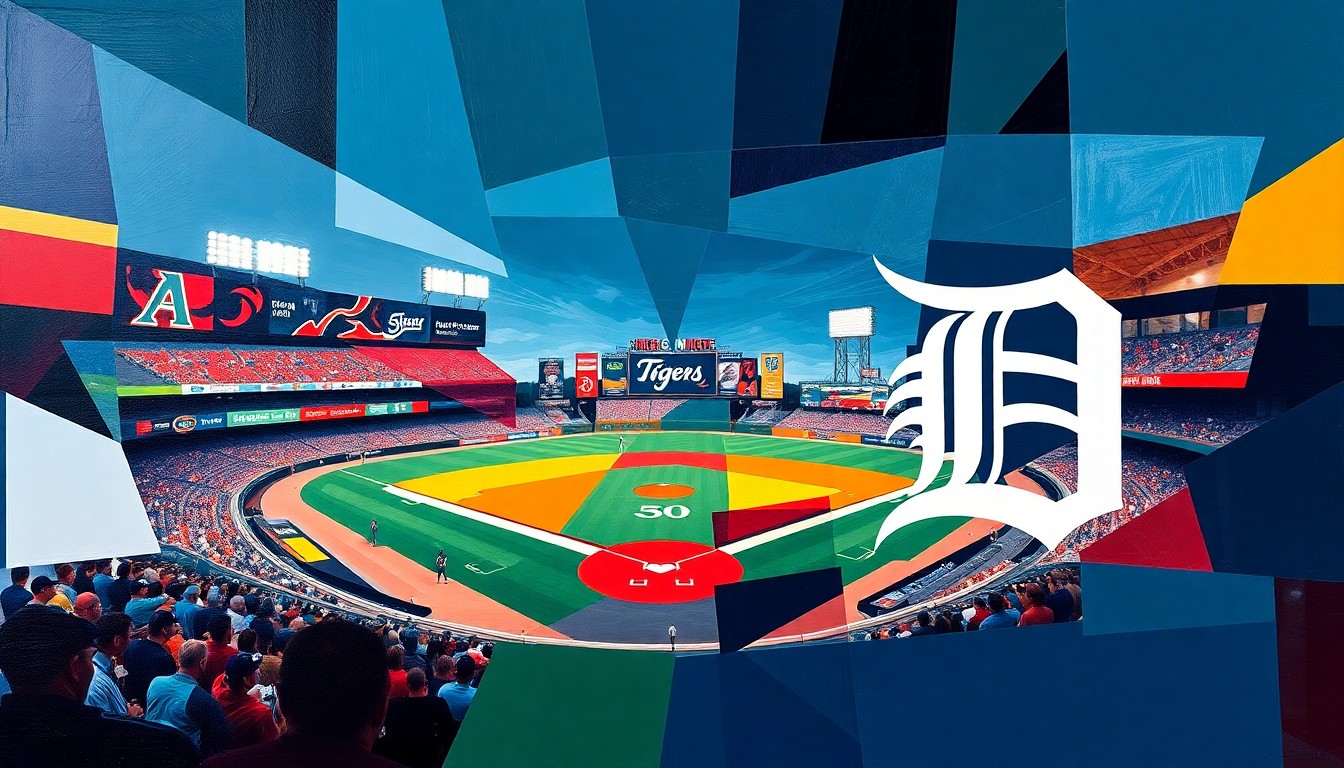 A cubist, geometric painting depicting a baseball game or match, with sharp, overlapping planes of the official team colors of the Arizona Diamondbacks and Detroit Tigers, conveying the intensity and energy of the sport.