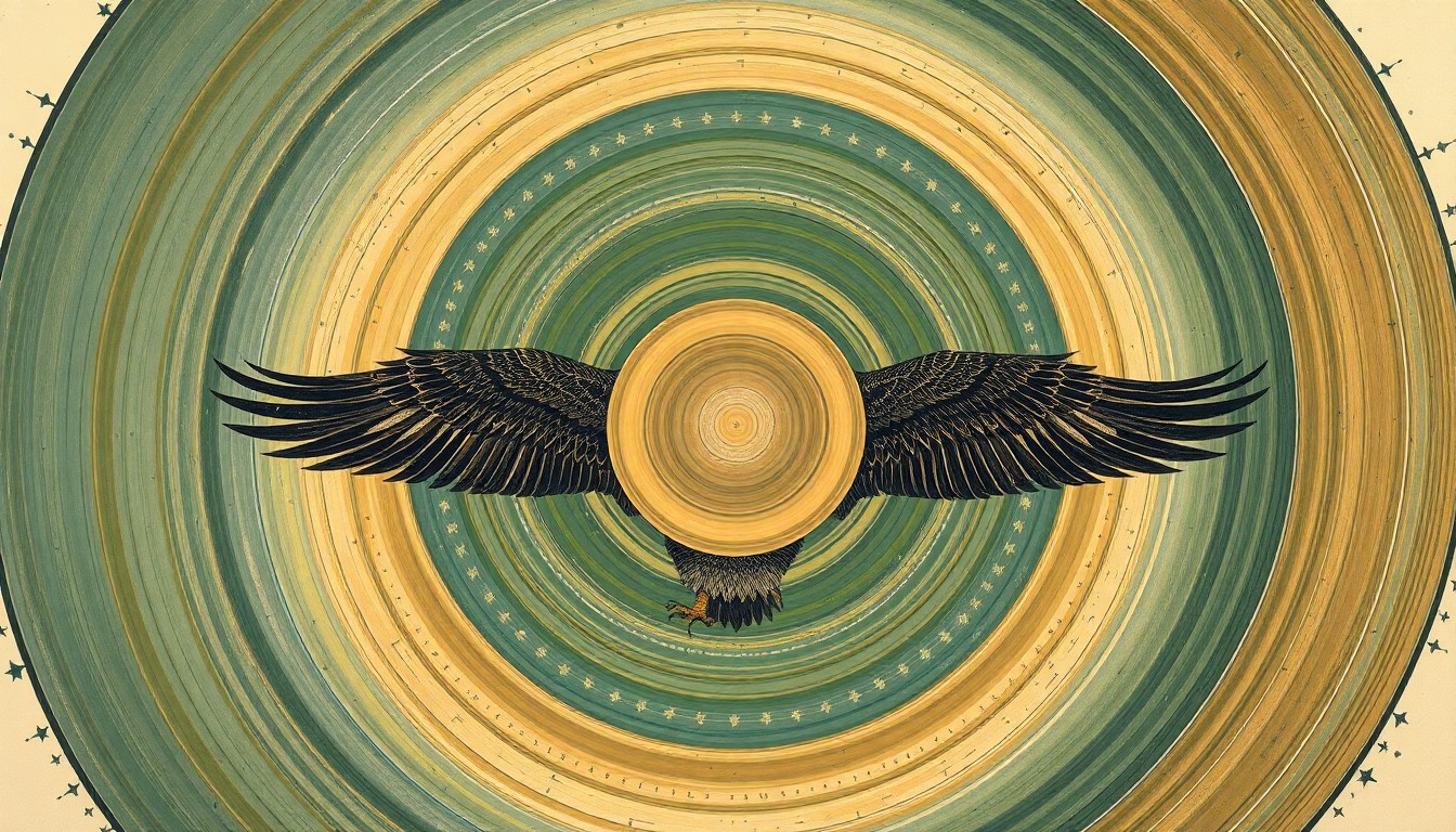 A bold, abstract painting in soft, earthy tones of green, brown, and blue, featuring sweeping geometric arcs, concentric circles, and precise botanical spirals, conceptually representing the complex natural forces and biological structures involved in the growth and development of bald eagle chicks.