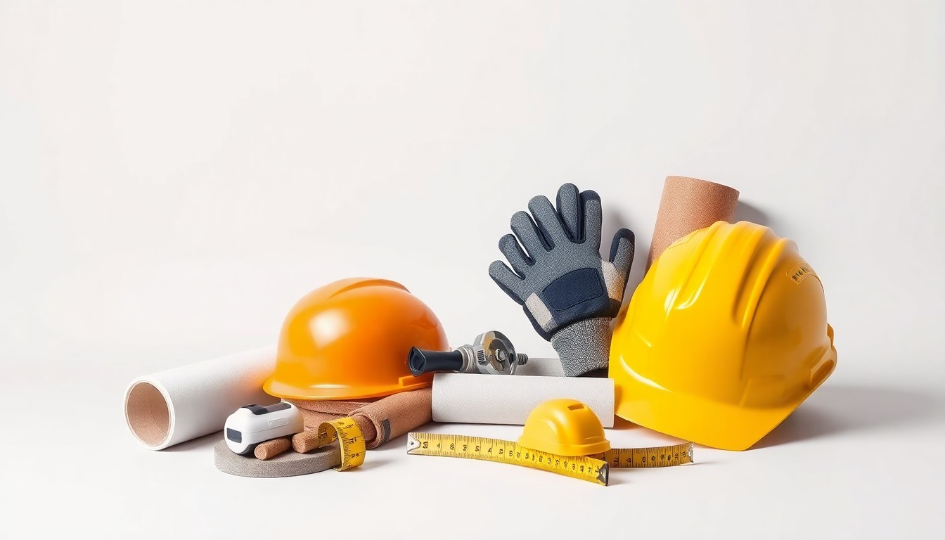 A high-end, photorealistic studio still-life photograph featuring a collection of premium construction tools and materials, including a hardhat, work gloves, a tape measure, and building materials, arranged elegantly on a clean, monochromatic background and lit with dramatic studio lighting to represent the skilled labor and materials needed for construction projects.