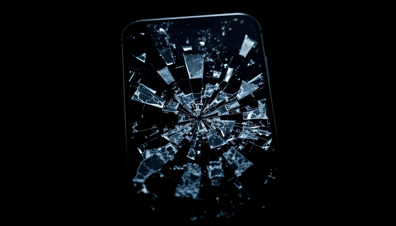 An extreme close-up photograph of a cracked and shattered smartphone screen, the cracks and shards casting dramatic shadows under harsh direct flash lighting against a pitch-black background, conceptually representing the vulnerability of children online.