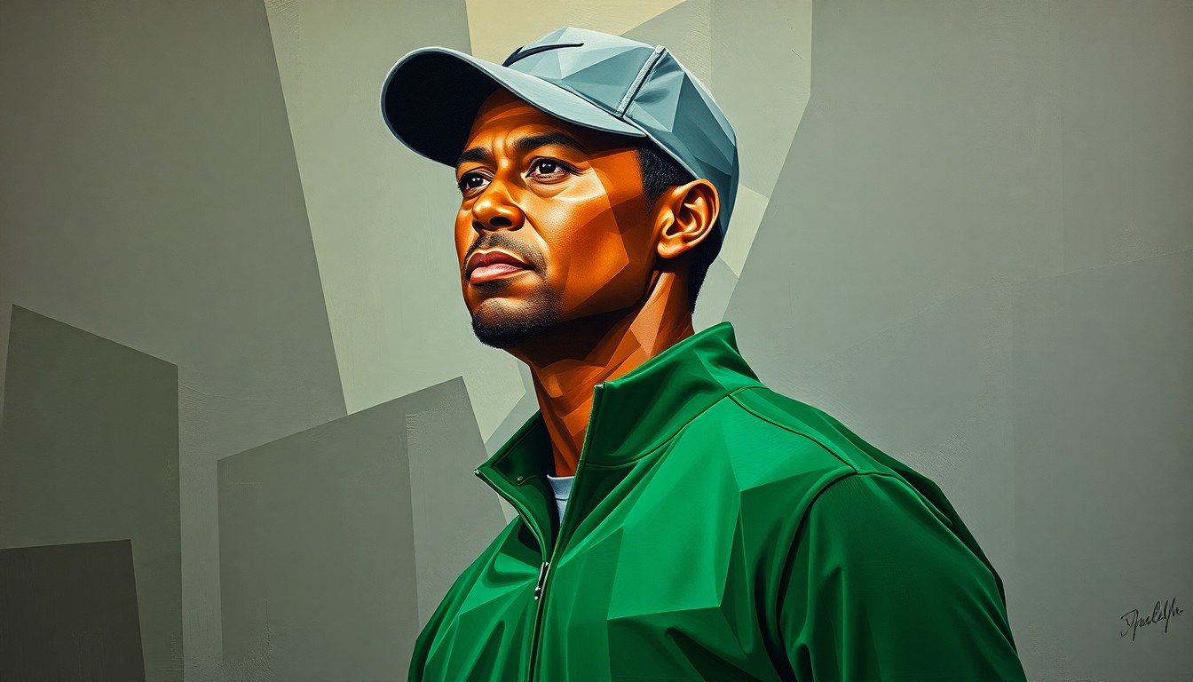 A cubist, geometric painting depicting the fragmented image of Tiger Woods in his iconic green Masters jacket, the overlapping planes and muted colors conveying the uncertainty surrounding his potential participation in the upcoming tournament.