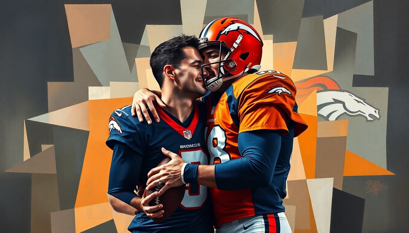 A fractured, multi-perspective painting depicting the embrace between Strahinja Jokic and Bo Nix, with the massive size difference between the two men emphasized through sharp, overlapping geometric planes in a cubist style.